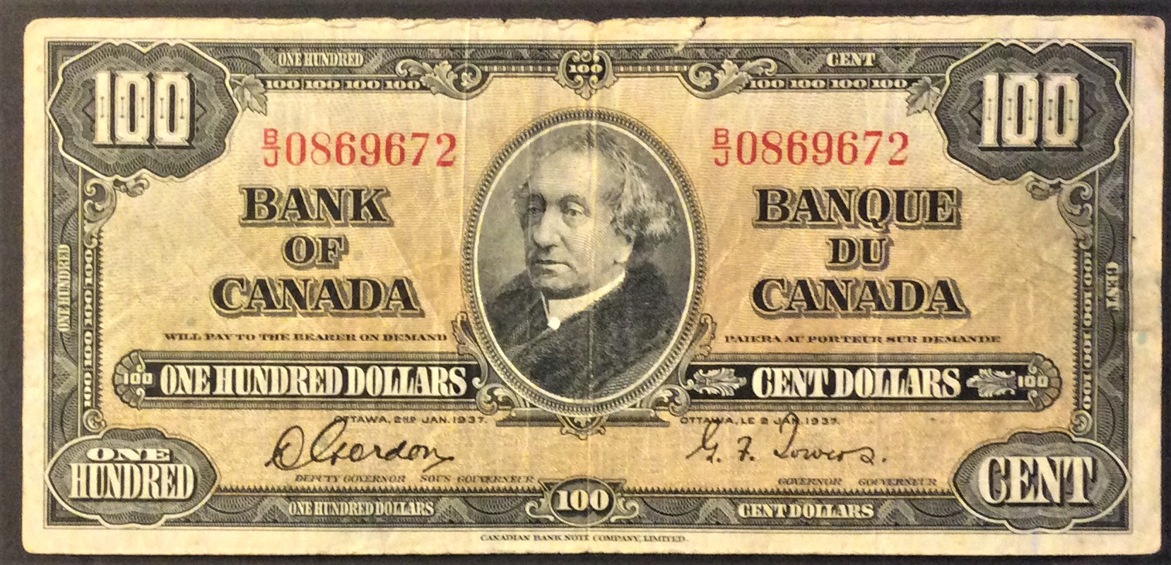 1937 Bank of Canada $100 BC-27b- Serial # BJ 0869672